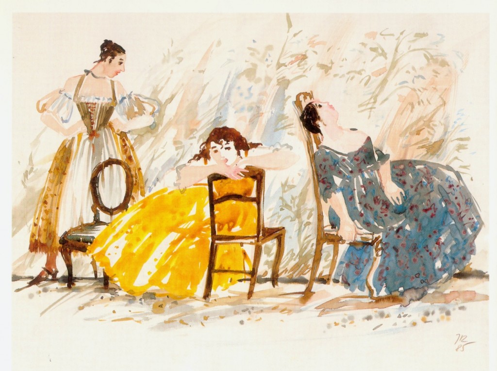 19. Watercolor for “Cosi fan tutte”; D.Dorn, director; from left to right: Despina, Dorabella, Fiordiligi, Ludwigsburger Schlossfestspiele 1984 © J.Rose 2015