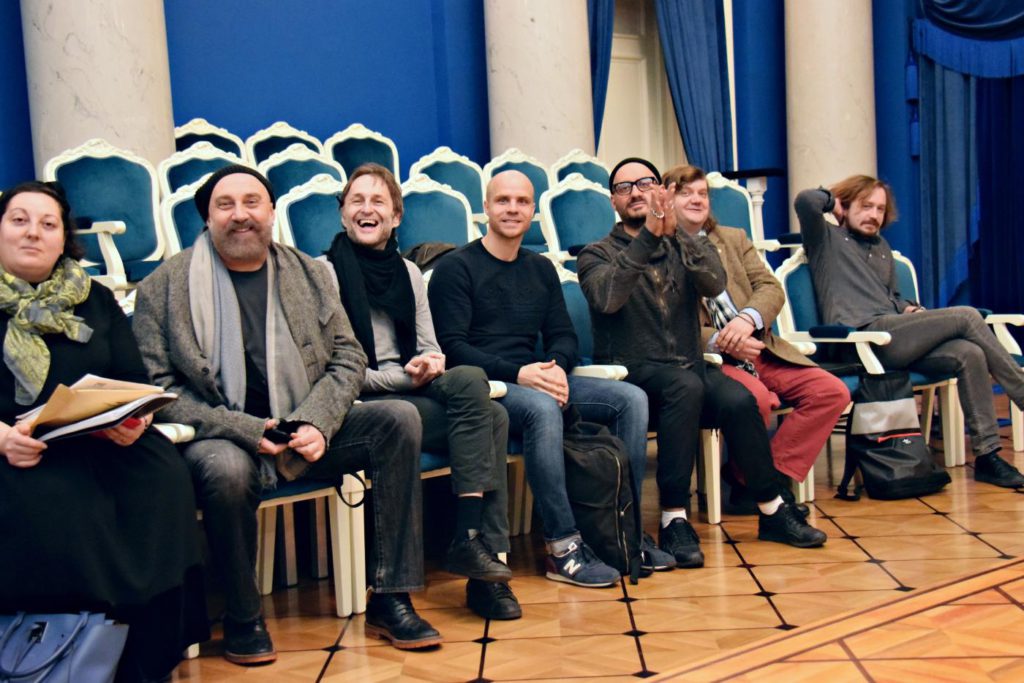 11. T.Eshba, P.Kaplevich, A.Manotskov, E.Kulagin, K.Serebrennikov, F.Korobov and D.Azarov during rehearsals for “Chaadsky” by A.Manotskov, directed by K.Serebrennikov, Helikon-Opera Moscow 2017 © Irina Shymchak