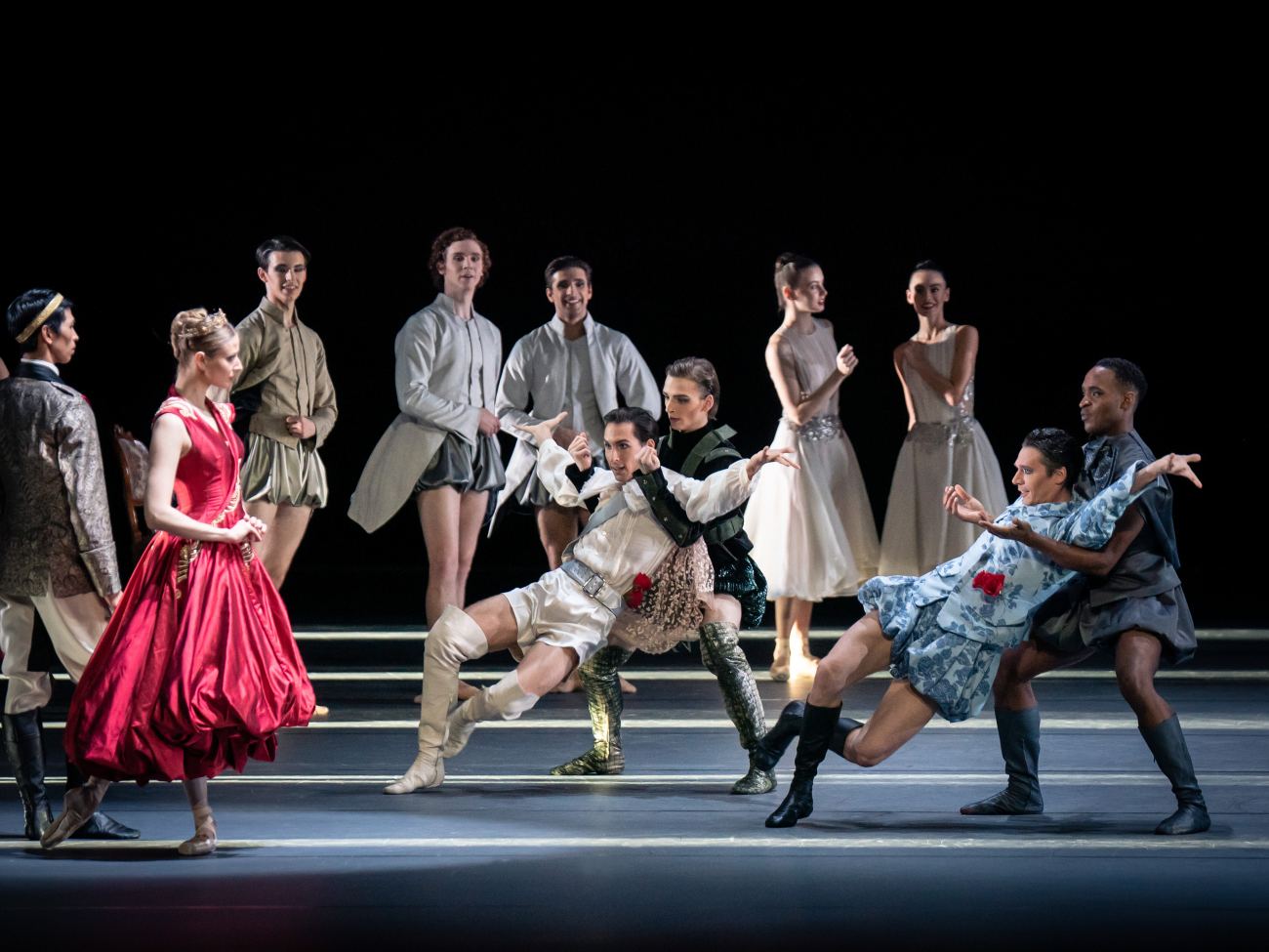4. M.Kimoto (King), O.Esina (Queen), A.Vandervelde (Prince), K.Pokorný (Prince), G.Wielick (Prince), R.Arts (Prince), and ensemble, “The Sleeping Beauty” by M.Schläpfer and M.Petipa, Vienna State Ballet 2022 © Vienna State Ballet / A.Taylor