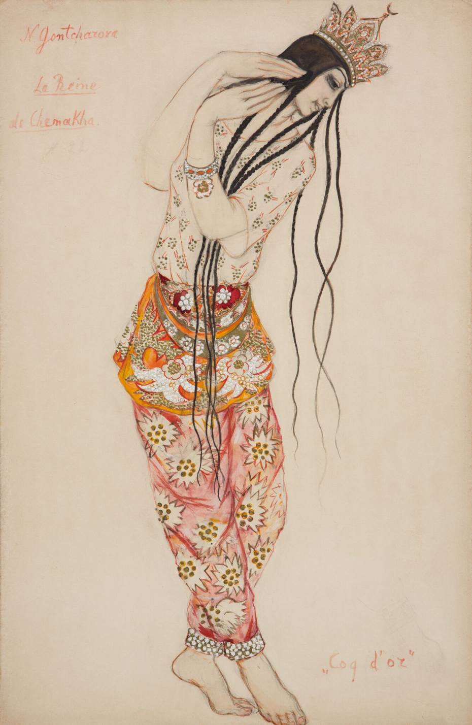 6. N.Goncharova (1881 – 1962), design for the costume of the Queen of Shamakhan in “Le Coq d’or”, chor.: M.Fokine, 1913; paper, watercolor, bronze paint, pencil, whitewash. 45,6 х 30 © Tretyakov Gallery