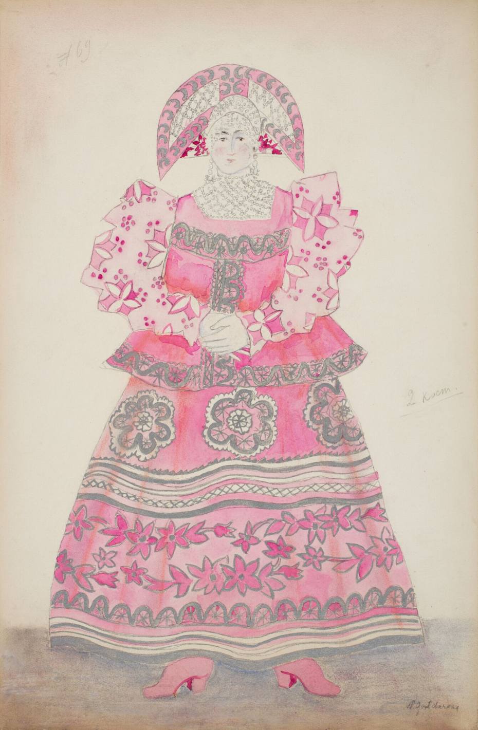 7. N.Goncharova (1881 – 1962), presumably a design for a costume of “Les Noches”, chor.: B.Nijinska; cardboard, watercolor, pastel, whitewash, aluminum paint, pencil, 48,8 х 32 © Tretyakov Gallery